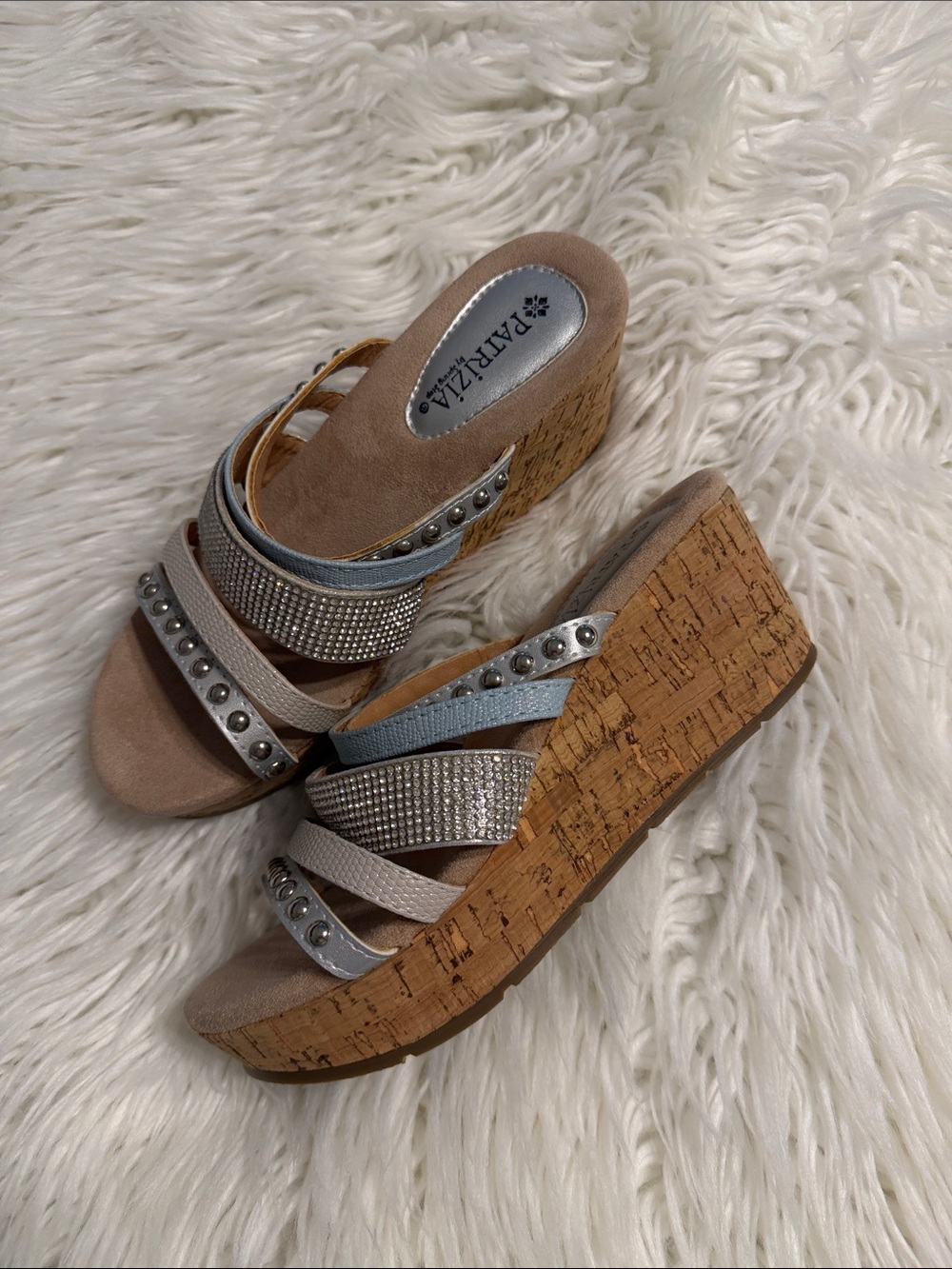 PATRIZIA by Spring Step Women's Beige and Silver Wedge Sandals size 38 (USA 6.5)